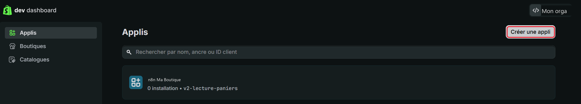 Page Applis du Dev Dashboard, bouton Créer une appli encadré en rouge
