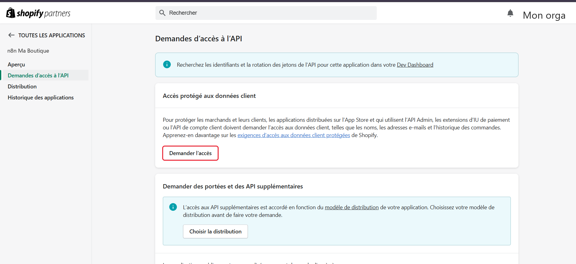 Page Demandes d'accès à l'API, bouton Demander l'accès encadré en rouge