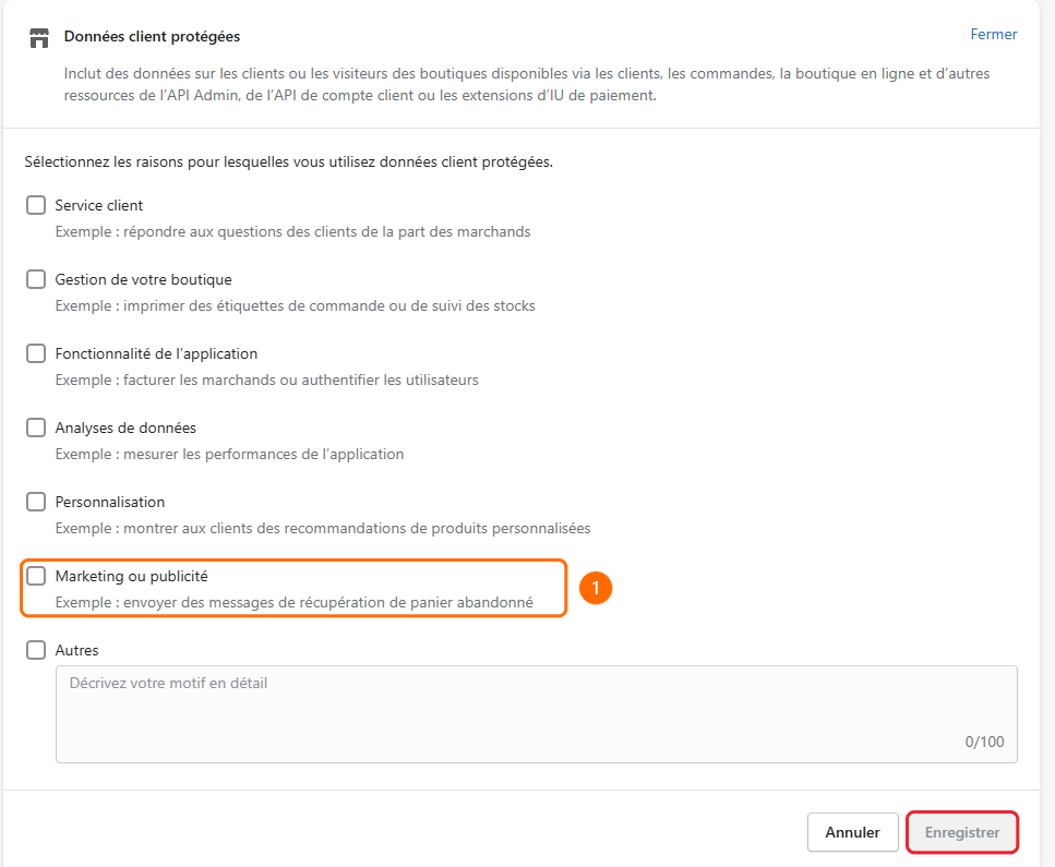 Liste des raisons, Marketing ou publicité numéroté 1, bouton Enregistrer encadré