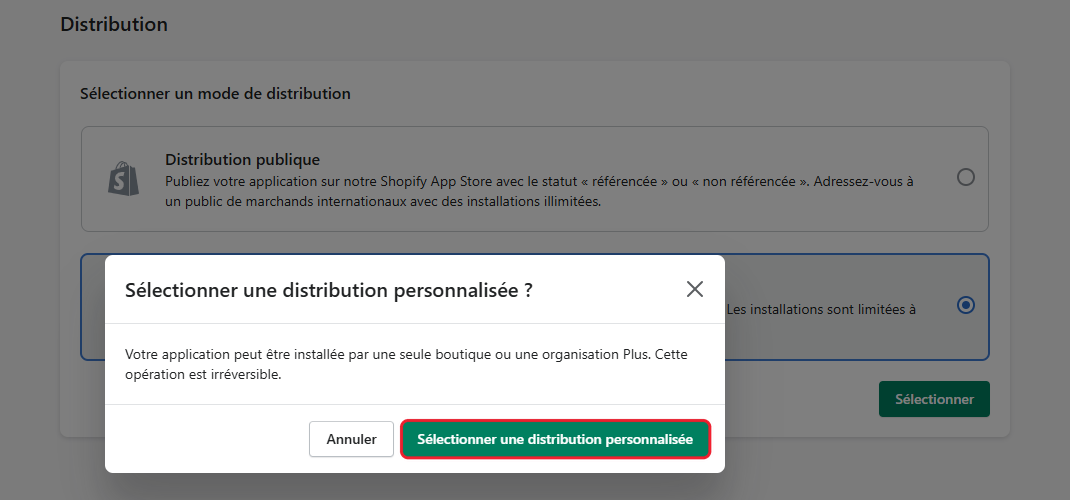 Fenêtre Sélectionner une distribution personnalisée, bouton encadré en rouge