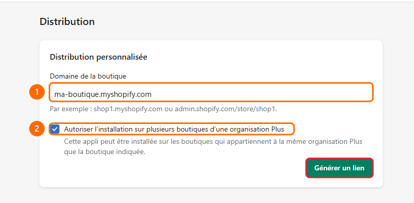Champ Domaine de la boutique numéroté 1, case Plus numérotée 2, bouton Générer un lien encadré