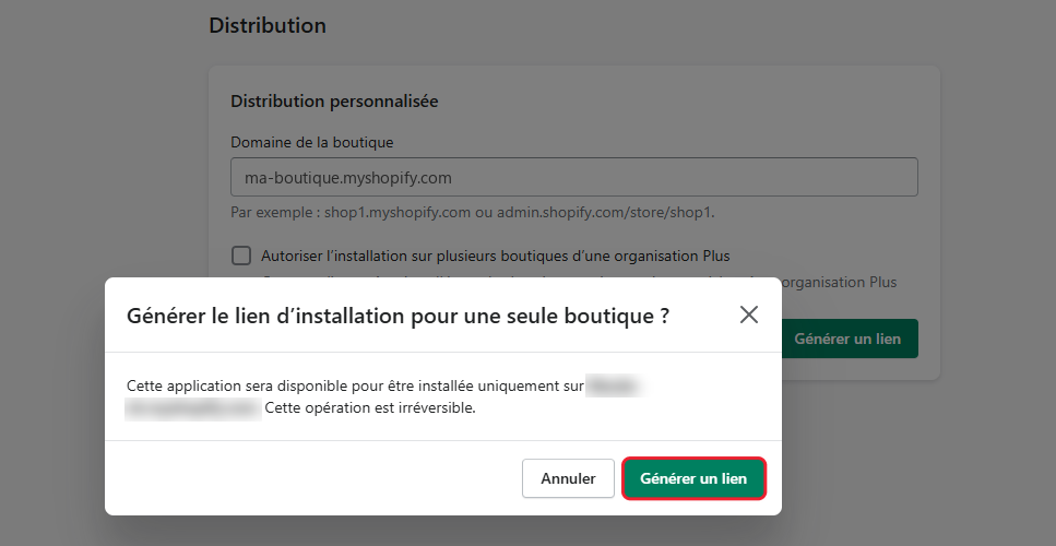 Fenêtre de confirmation, bouton Générer un lien encadré