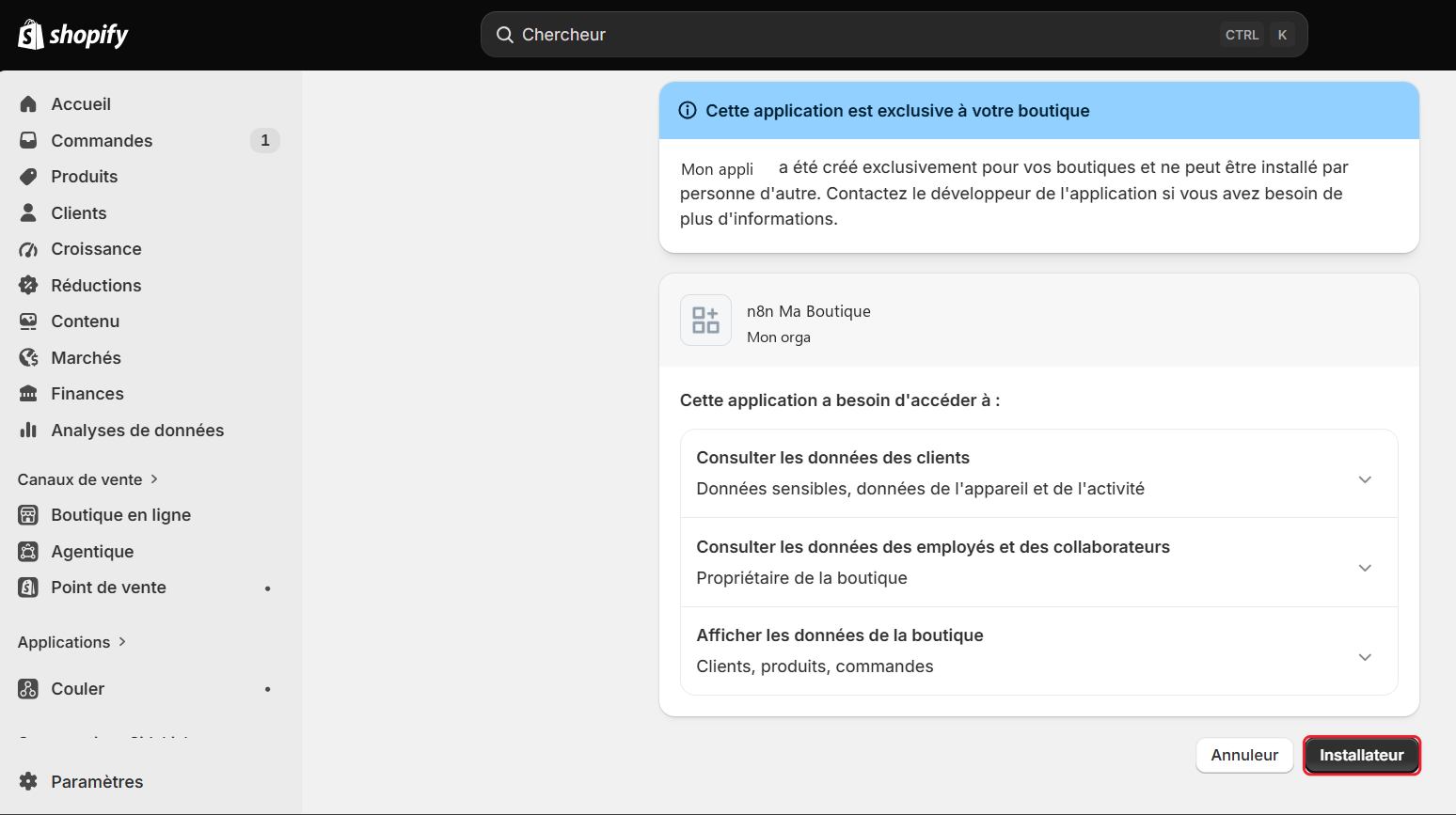 Écran d'installation de l'appli dans l'admin Shopify, bouton Installer encadré