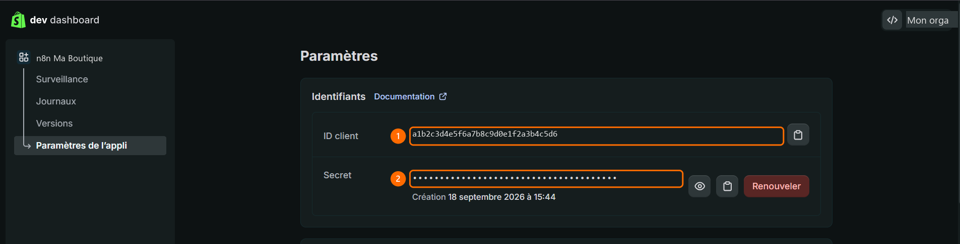 Bloc Identifiants, ID client et Secret numérotés 1 et 2