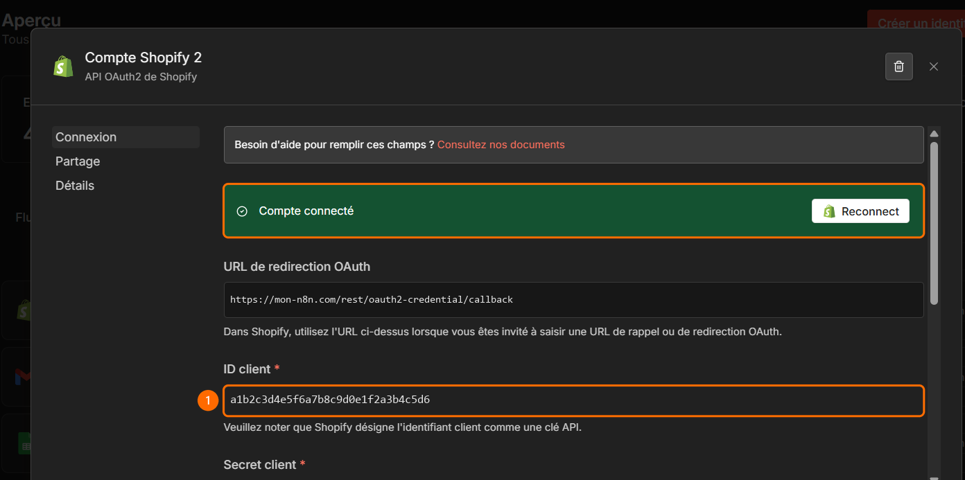 Credential Shopify OAuth2 dans n8n, compte connecté, ID client numéroté 1