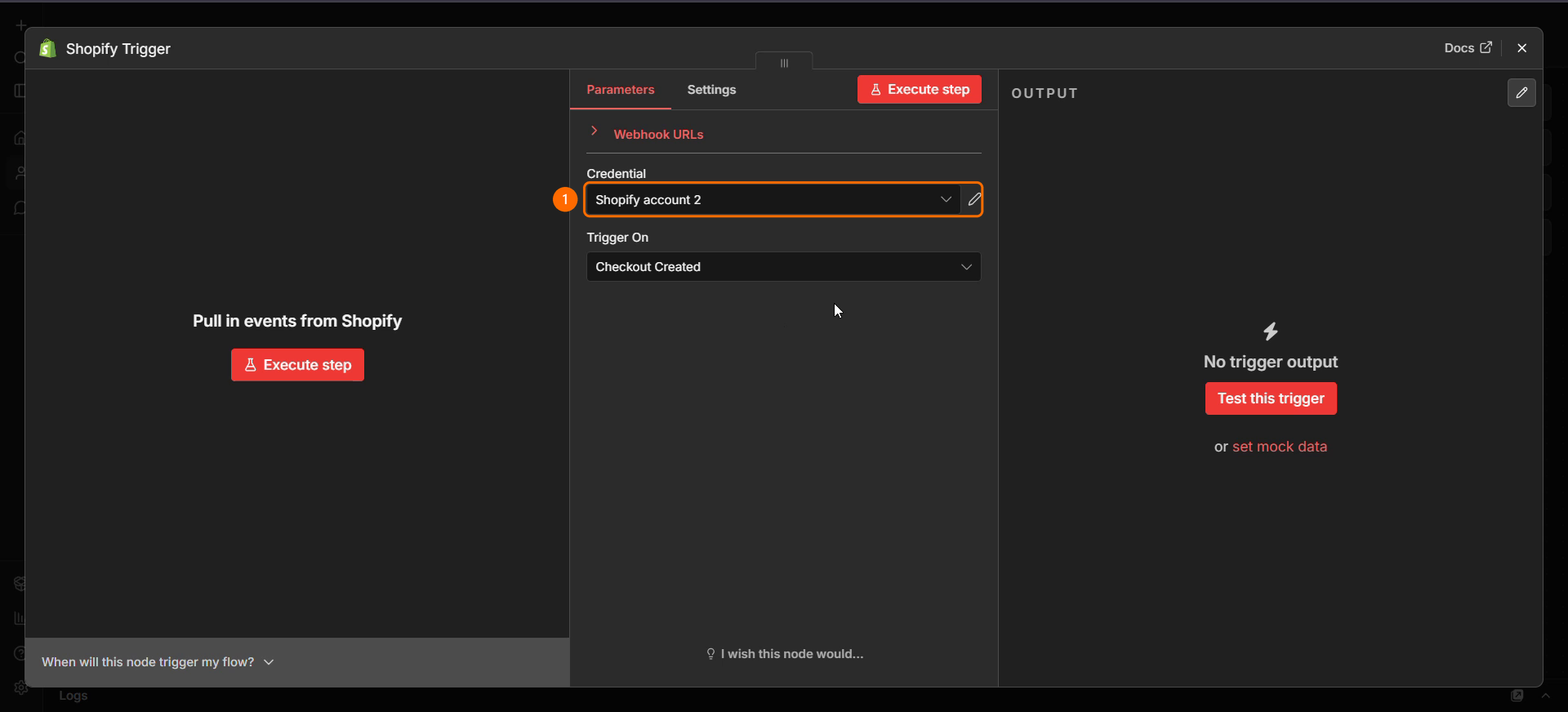 Nœud Shopify Trigger dans n8n, champ Credential numéroté 1